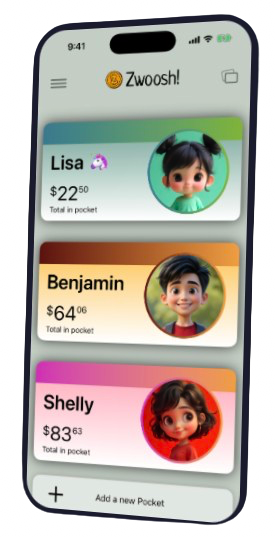 Zwoosh app showing kids' Pockets with balances for Lisa, Benjamin, and Shelly